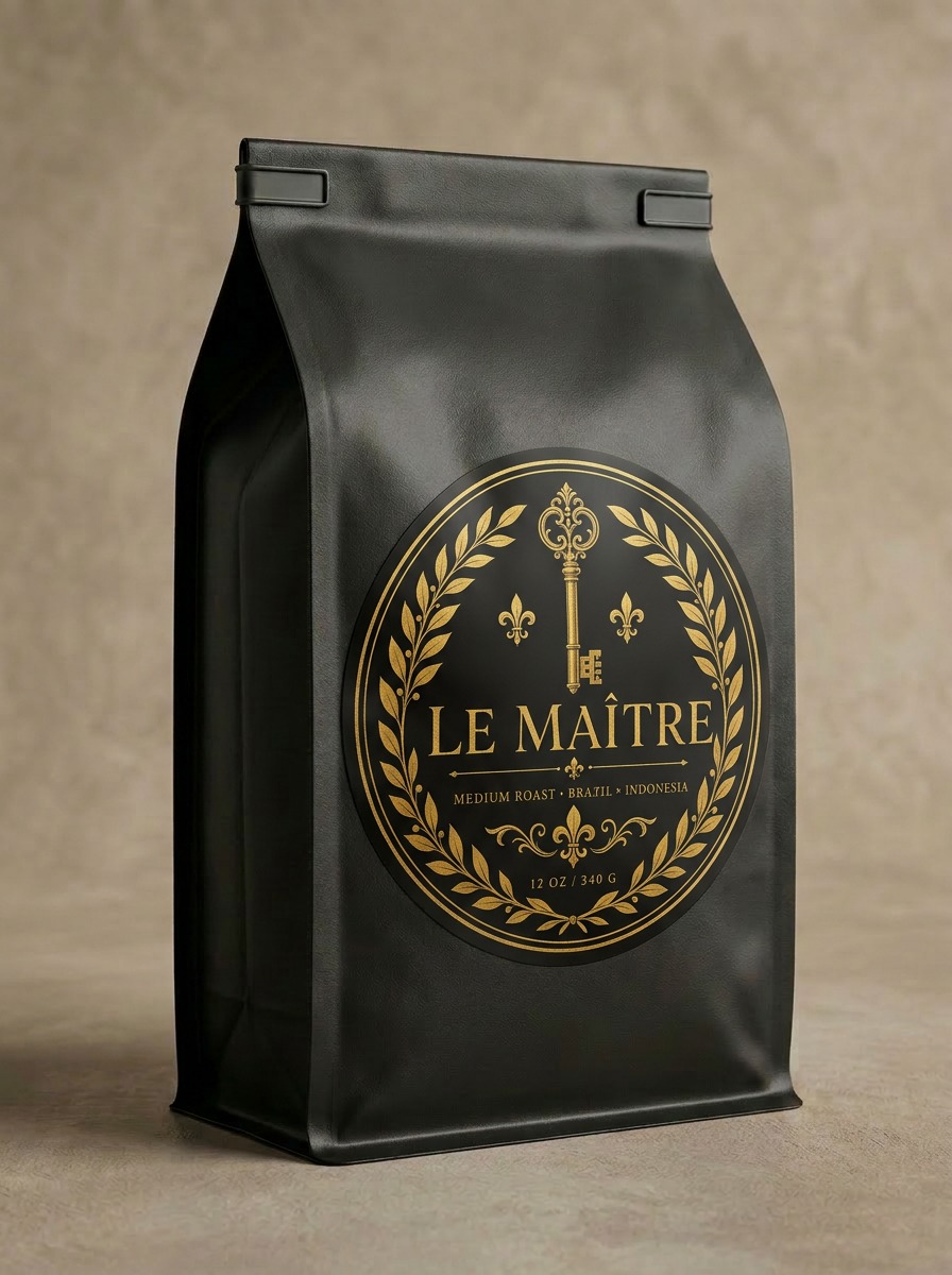 Le Maître — Medium Roast coffee bag in matte black with gold D La Coffee monogram