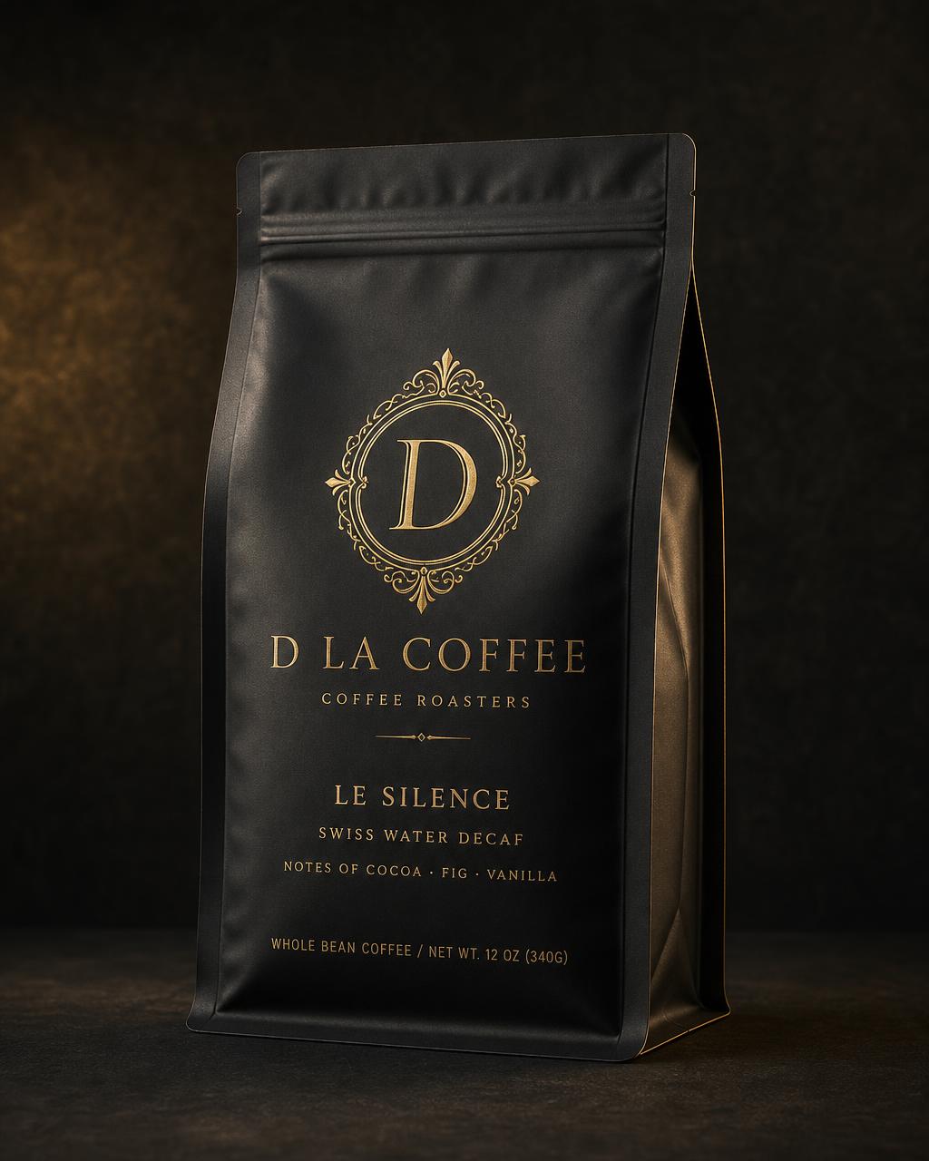 Le Silence — Swiss Water Decaf coffee bag in matte black with gold D La Coffee monogram