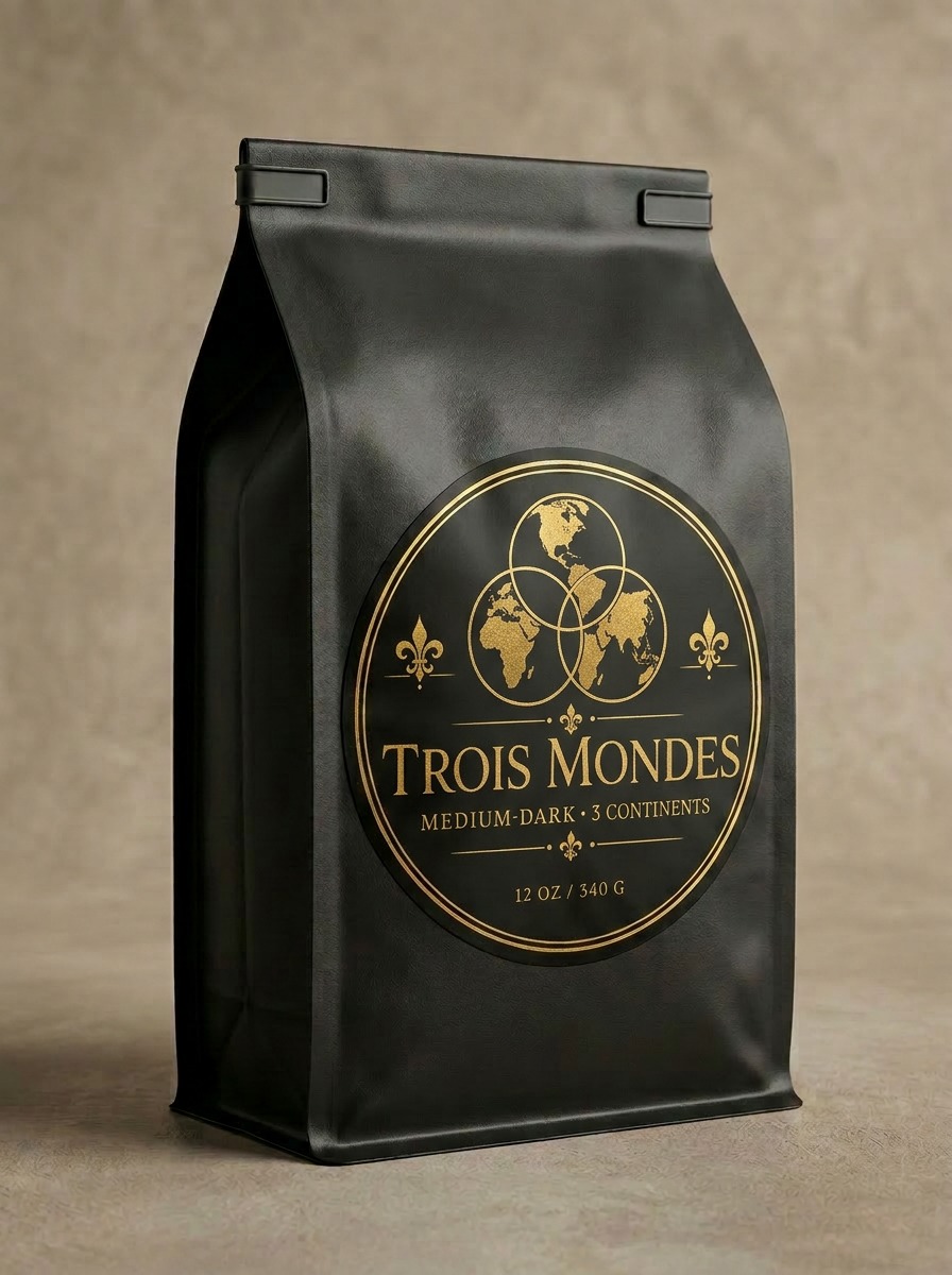 Trois Mondes — Medium-Dark Roast coffee bag in matte black with gold D La Coffee monogram
